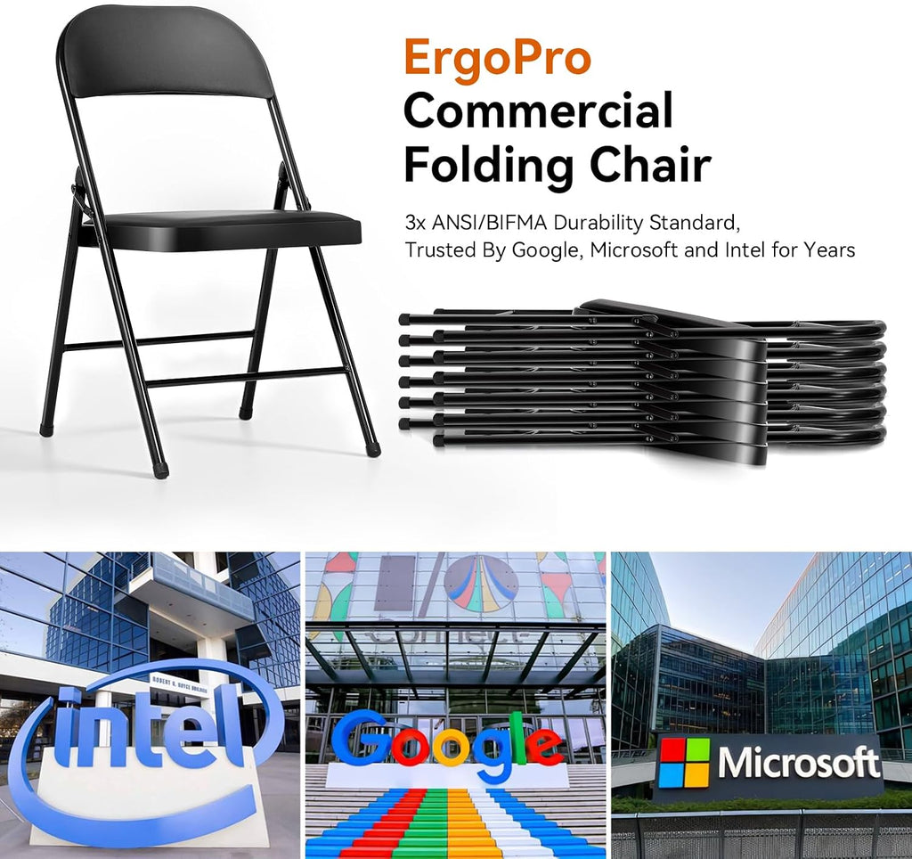 SKONYON Folding Chair with Cushion, 450LBS, PU Padded Metal Chair, Black | Portable single foldable chair with padded seat & back, steel frame, for indoor outdoor events, office, wedding & party