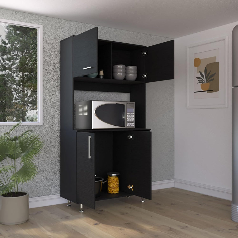Kitchen Pantry Double Door Cabinet, Four Legs, Three Shelves, Black