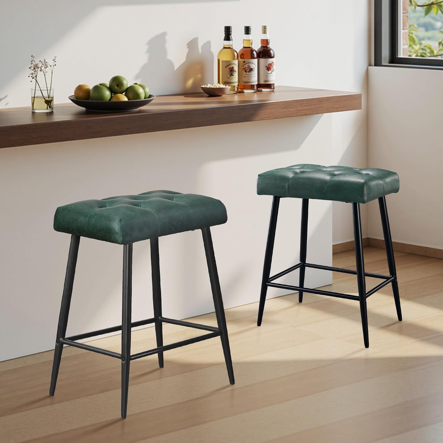 STOOLINK Bar Stools Set of 2, 24 Inch Counter Height Bar Stool for Kitchen Island, Modern Bar Hight Stools with Sturdy Metal Base and Thickened Saddle Cushion, 330Lbs, Green