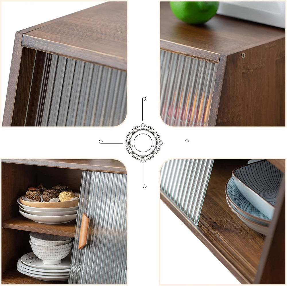 HollyHOME Countertop Pantry Cabinet, Bamboo Sideboard with Glass Doors