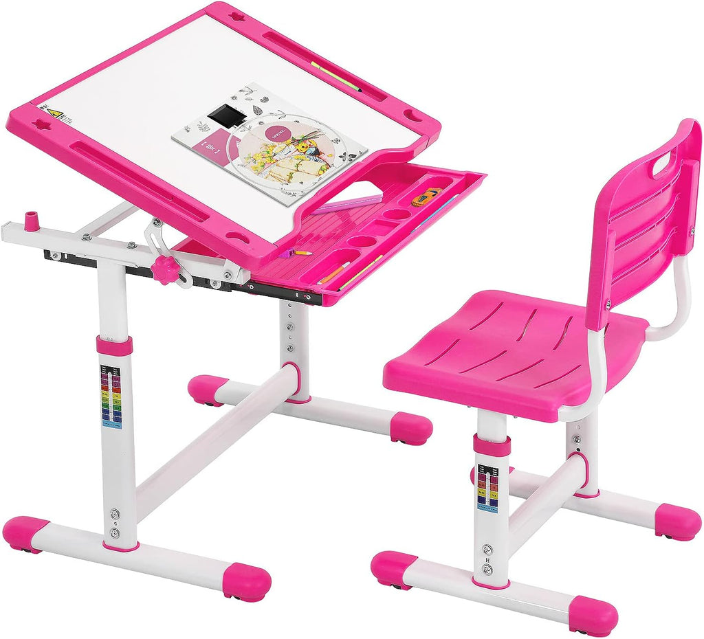 FDW Kids Desk Children Writing Student Desk Drafting Table Height Adjustable Study Table and Chair with Drawers Storage，Pink
