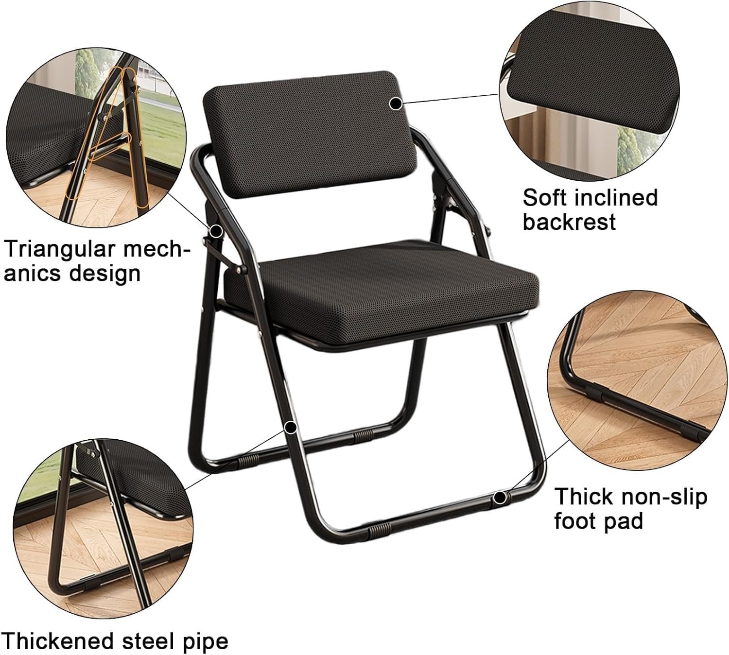 Portable Mesh Foldable Chair, Ergonomic Folding Dining, Comfortable Breathable Folding with Cushion,(Black)