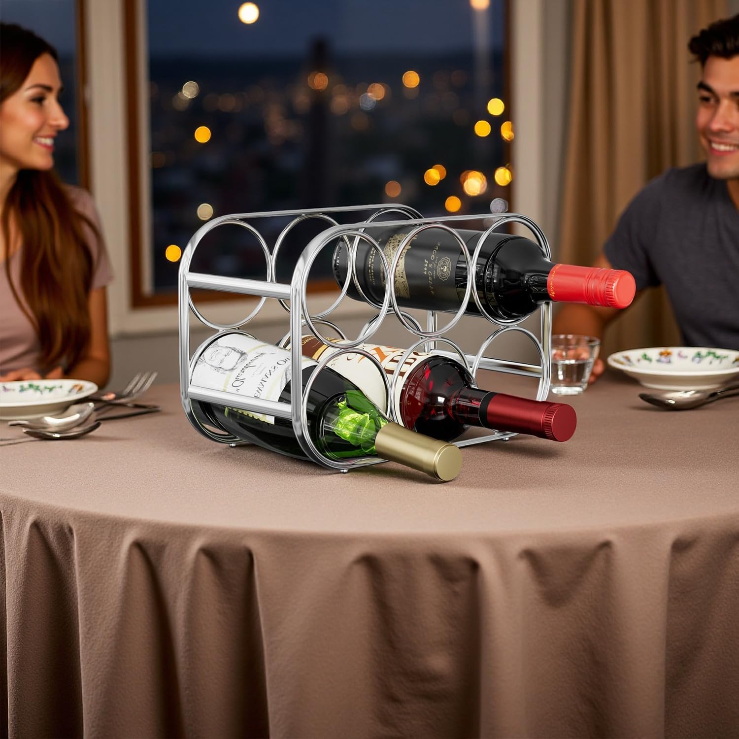 Buruis 6-Bottle Countertop Wine Rack, Metal Wine Bottle Holder, Chrome | No Assembly Required, Space-Saving Wine Storage, Kitchen Bar Organizer, Red & White Wine Display, Modern Home Decor