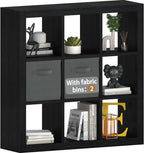 Bookshelf with Storage Bins, 9-Cube Storage Organizer Sturdy Wooden Bookcase Open Book Shelf, Multifunctional Cubicle Rack for Storage & Display, Furniture for Living Room Bedroom Office, Black