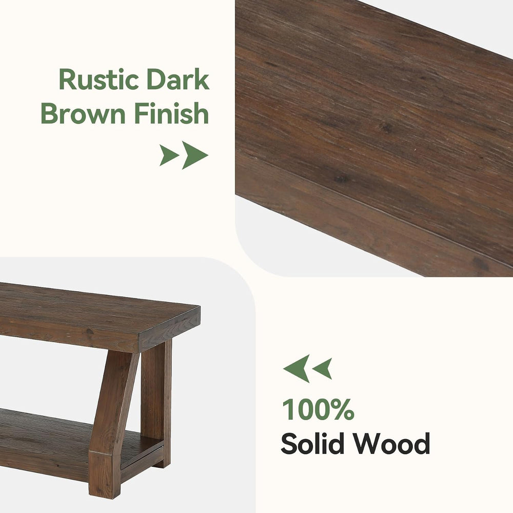 63" Solid Wood Bench, 2-Tier Entryway Bench with Shoe Storage, Rustic Ha...