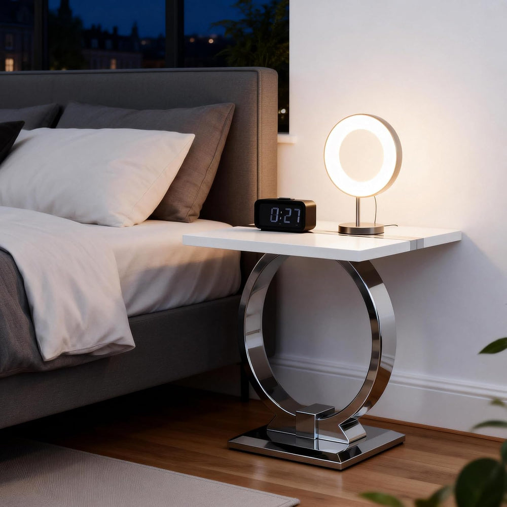 Asday 23.6" White and Silver End Table, Modern Side Table with Glossy Wo...