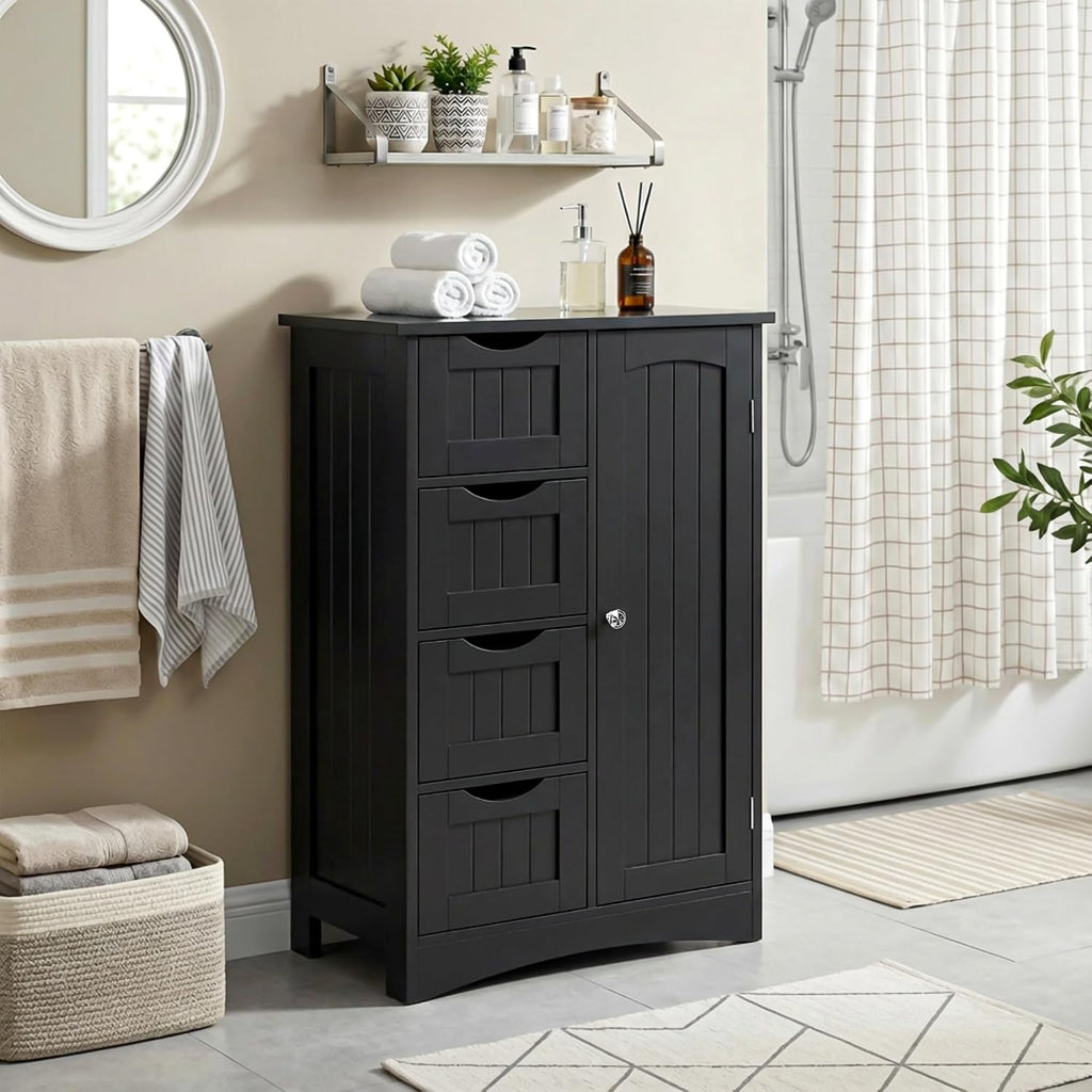 SUPER DEAL Bathroom Storage Cabinet with 4 Drawers and 1 Cupboard, Entryway Home Decor Furniture Towels Storage Organizer Unit, Black