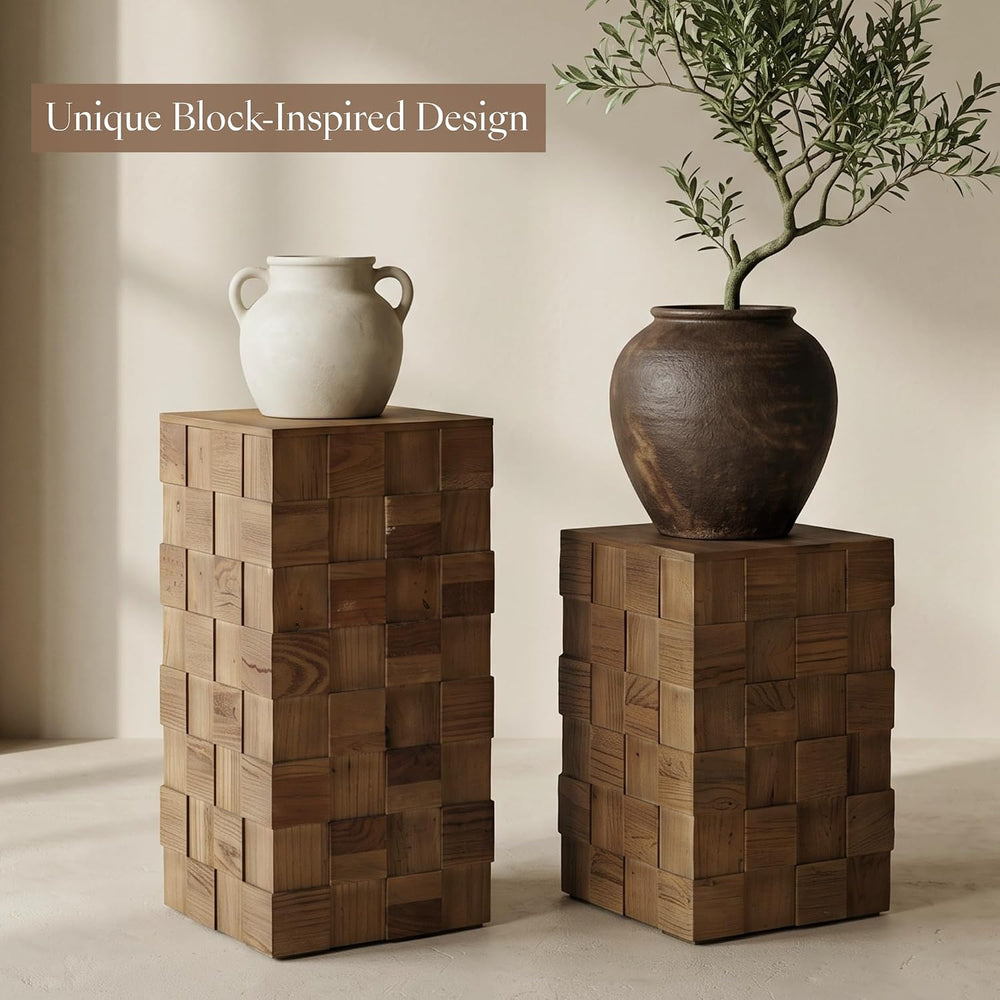 Nesting End Table, Textured Block Design Side Table, Natural | Solid Elm Wood...