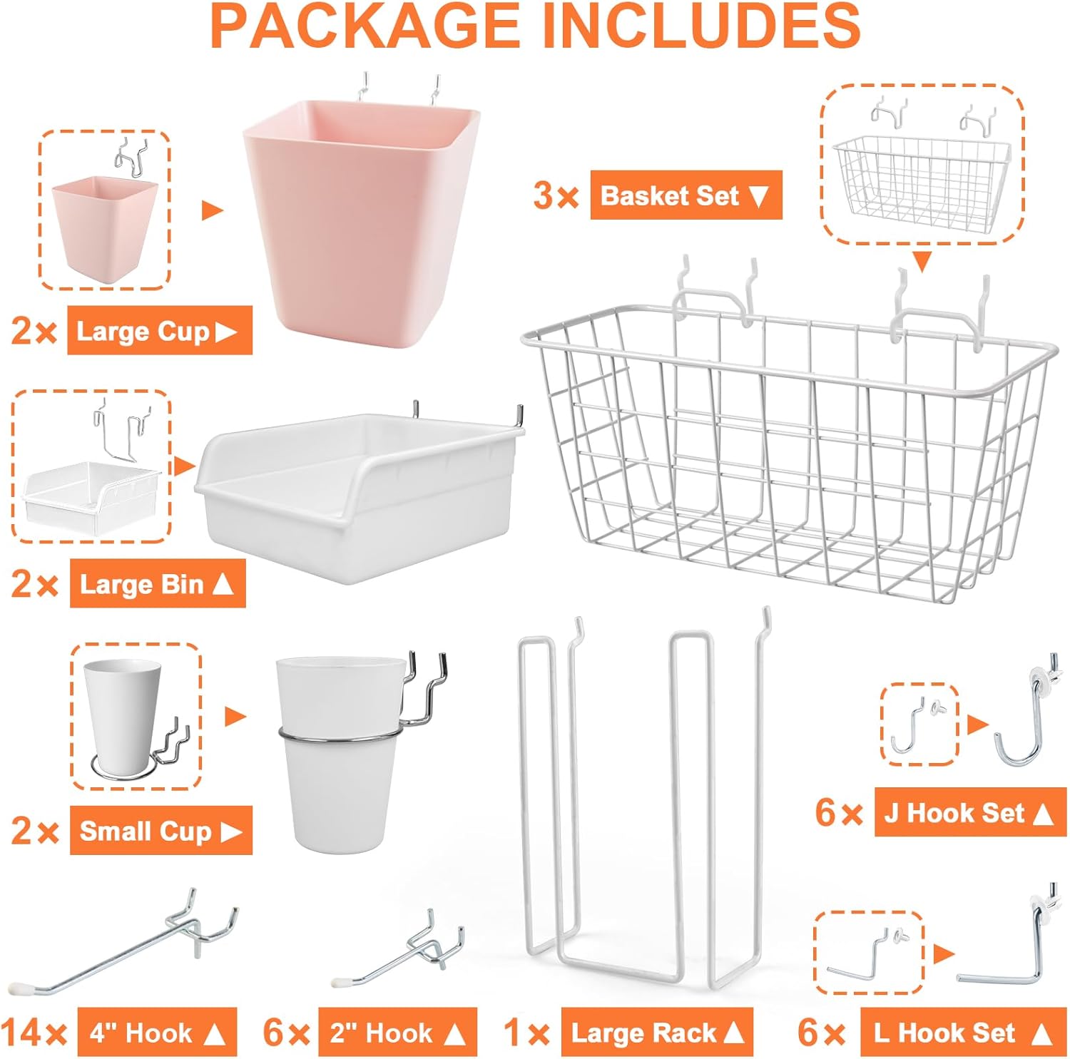 Pegboard Basket Organizers, Peg Board Large Baskets Hooks Bins Cups Tool Organizer 42 Pack Set, Wall Storage Display Hanging Accessories for Craft Office Stadio Shed Garage Organization (White & Pink)
