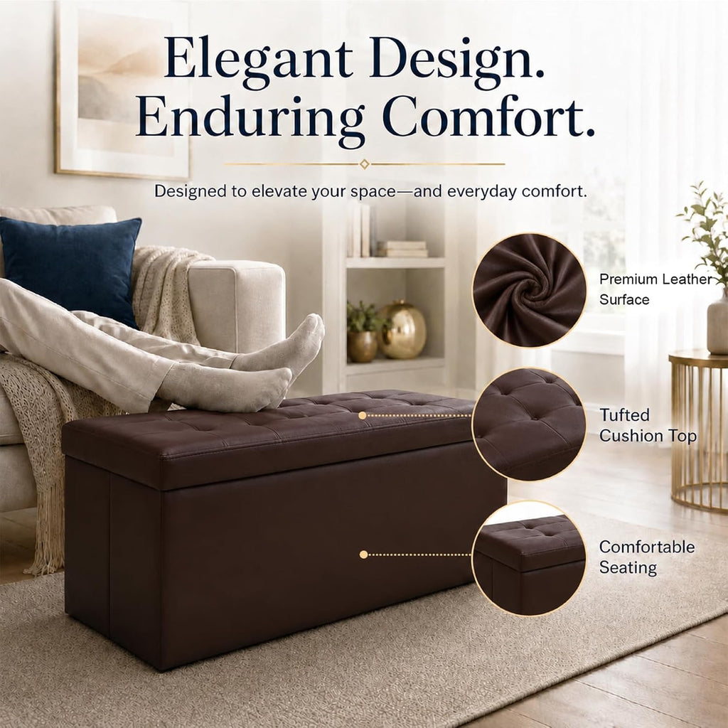 ALASDO 30 Inch Folding Storage Ottoman Bench with Hidden Storage, PU Leather Ottoman Foot Rest Stool, End of Bed Bench for Bedroom, Living Room, Entryway and Closet, Brown