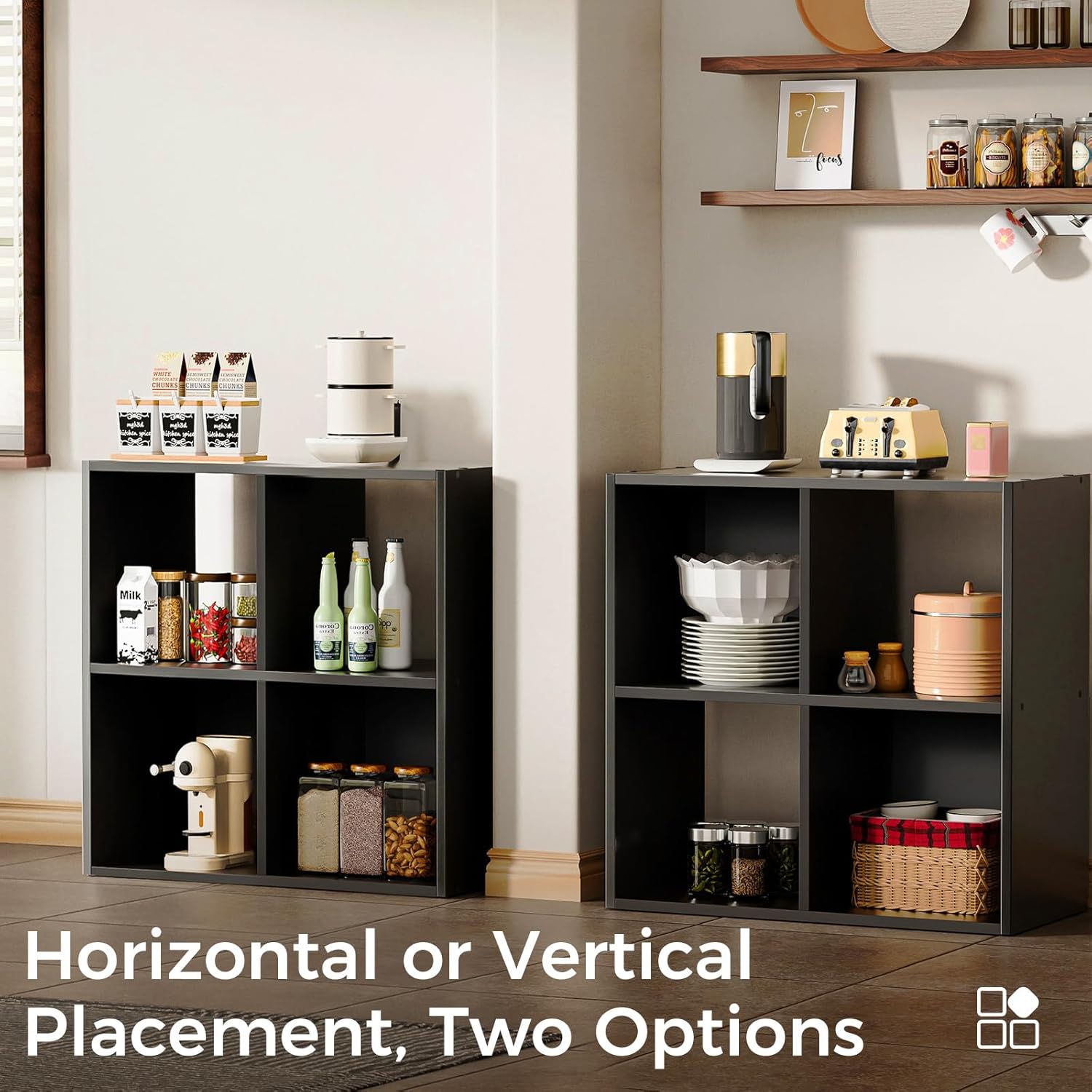 COMHOMA 4 Wood Cube Storage Organizer with Open Back and Removable Back Panels, 11In Black Cube Storage Bookshelf, Cubicle Shelf Bookcase for Home Office Bedroom Living Room, Vertical or Horizontal