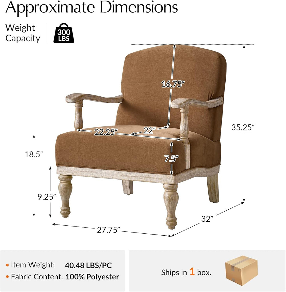 HULALA HOME Farmhouse Accent Chair with Solid Wood Frame, Caramel