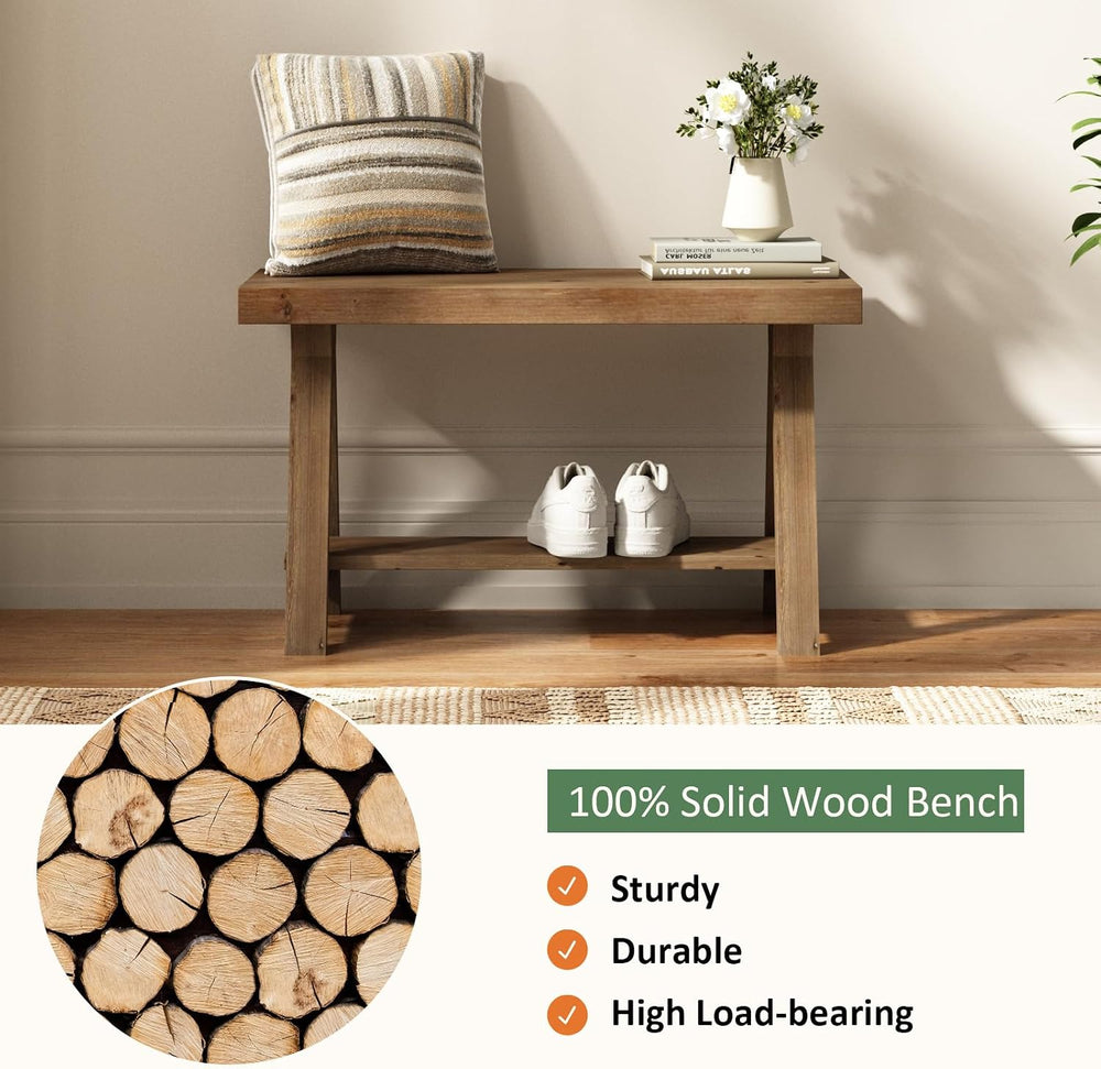 RowyPoey Solid Wood Bench, 30" Farmhouse Entryway Bench with Shoe Storag...