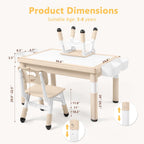 Kinder King Kids Table & 2 Chairs Set, Height Adjustable Children Activity Table w/Storage, Graffiti & Building Blocks Tabletop, Toddler Furniture Set for Classroom, Daycare, Home, Age 3+, Khaki