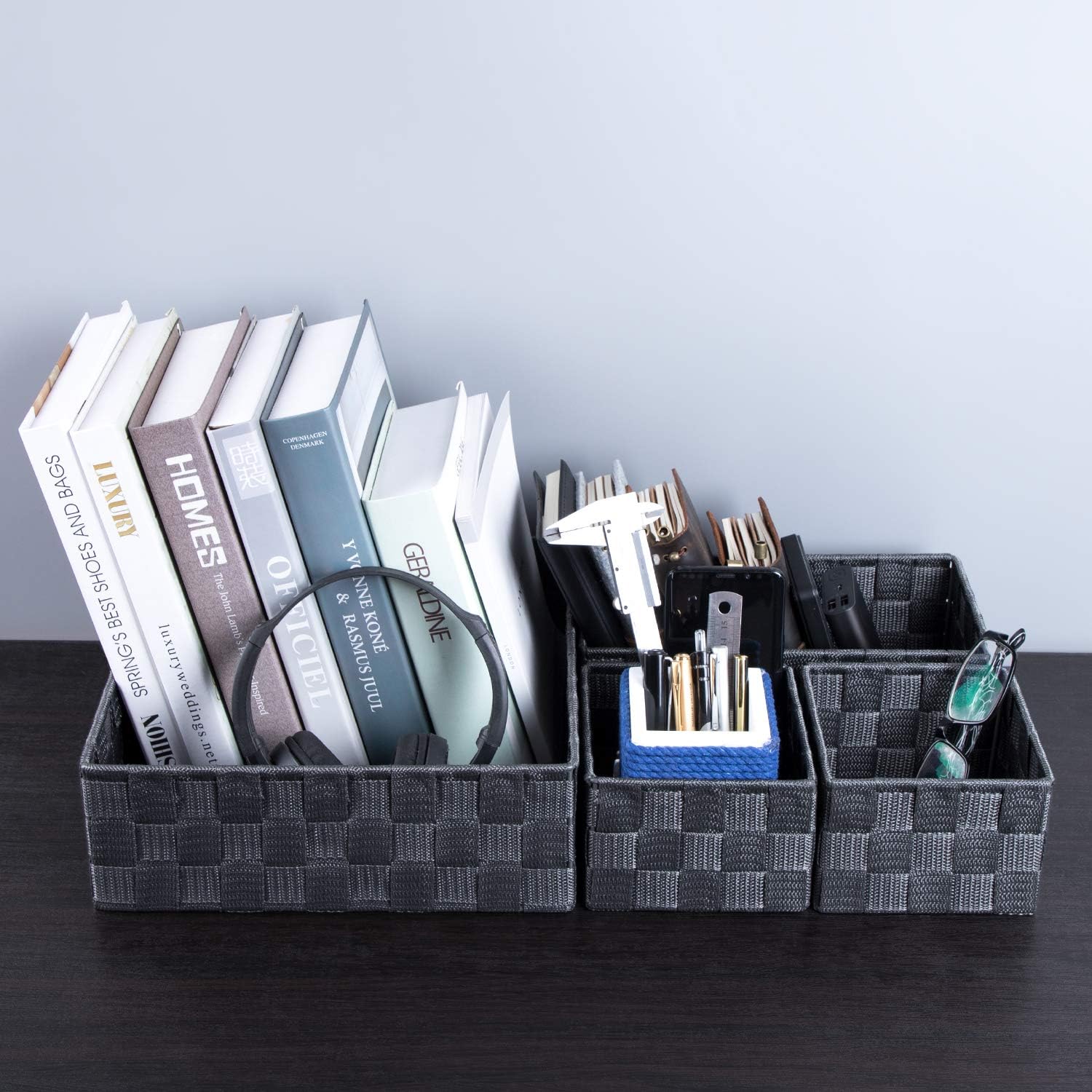 Posprica Woven Storage Baskets for Organizing, Small Baskets Cube Bin Container Tote Organizer Divider for Drawer, Closet, Shelf, Dresser, Set of 4(Dark Grey)