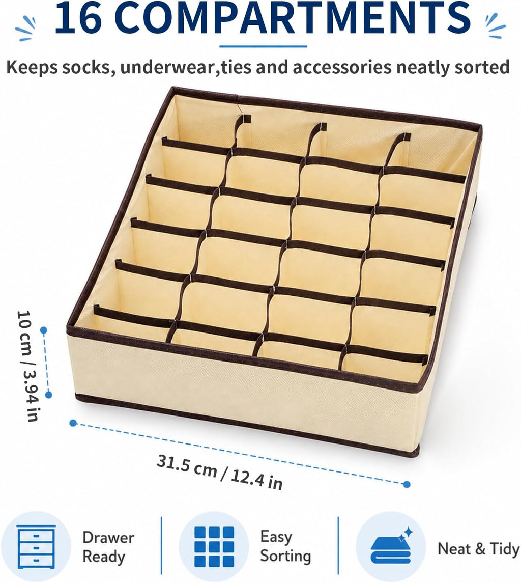 24 Cell Sock Drawer Organizer Divider, Foldable Underwear Drawer Organizer for Clothes, Closet Organizers and Storage Box for Ties, Belts, Lingerie, 12.5x12.5x3.9in(White)