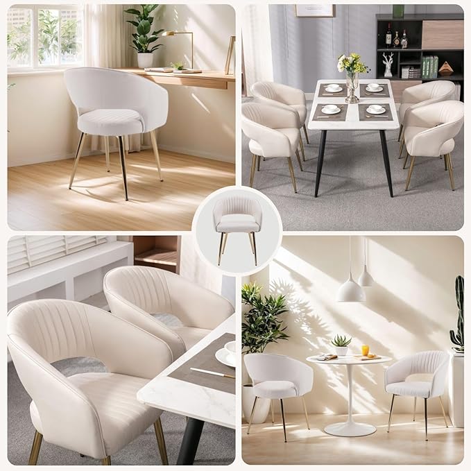 Faux Leather Dining Chairs Gold Legs, Modern Cream PU Leather Dining Room Chairs with Arms Set of 6 Upholstered Accent Chair Armchair with Barrel Back for Kitchen Living Room