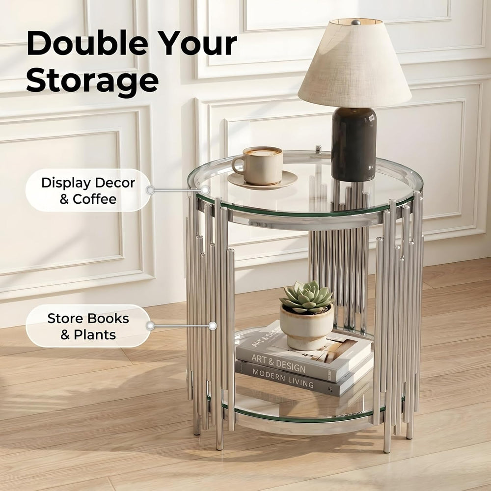 19.7" Luxury Round Silver End Table with 2-Tier Clear Tempered Glass She...