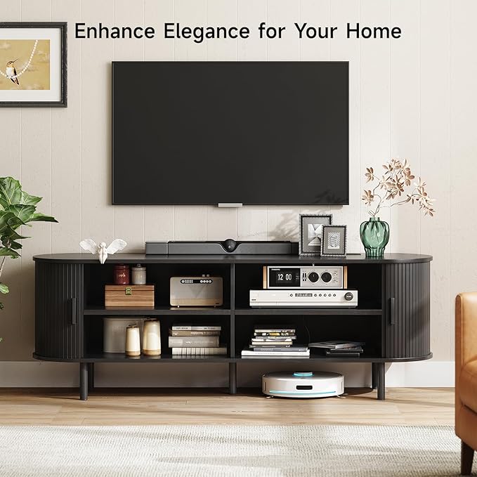 ONBRILL 63" TV Stand with Power Outlet for TVs up to 70 Inch, Entertainment Center with Storage and Adjustable Shelves, Modern Media Console with Sliding Doors for Living Room, Black