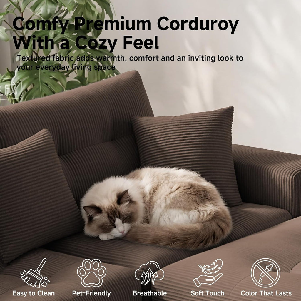 113" L-Shaped Modular Sectional Sofa Chaise Boneless Couch No Assembly | Corduroy Boneless Sectional Couch with Deep Seat, Couches for Living Room, Bedrom, Couch in a Box, Light Gray