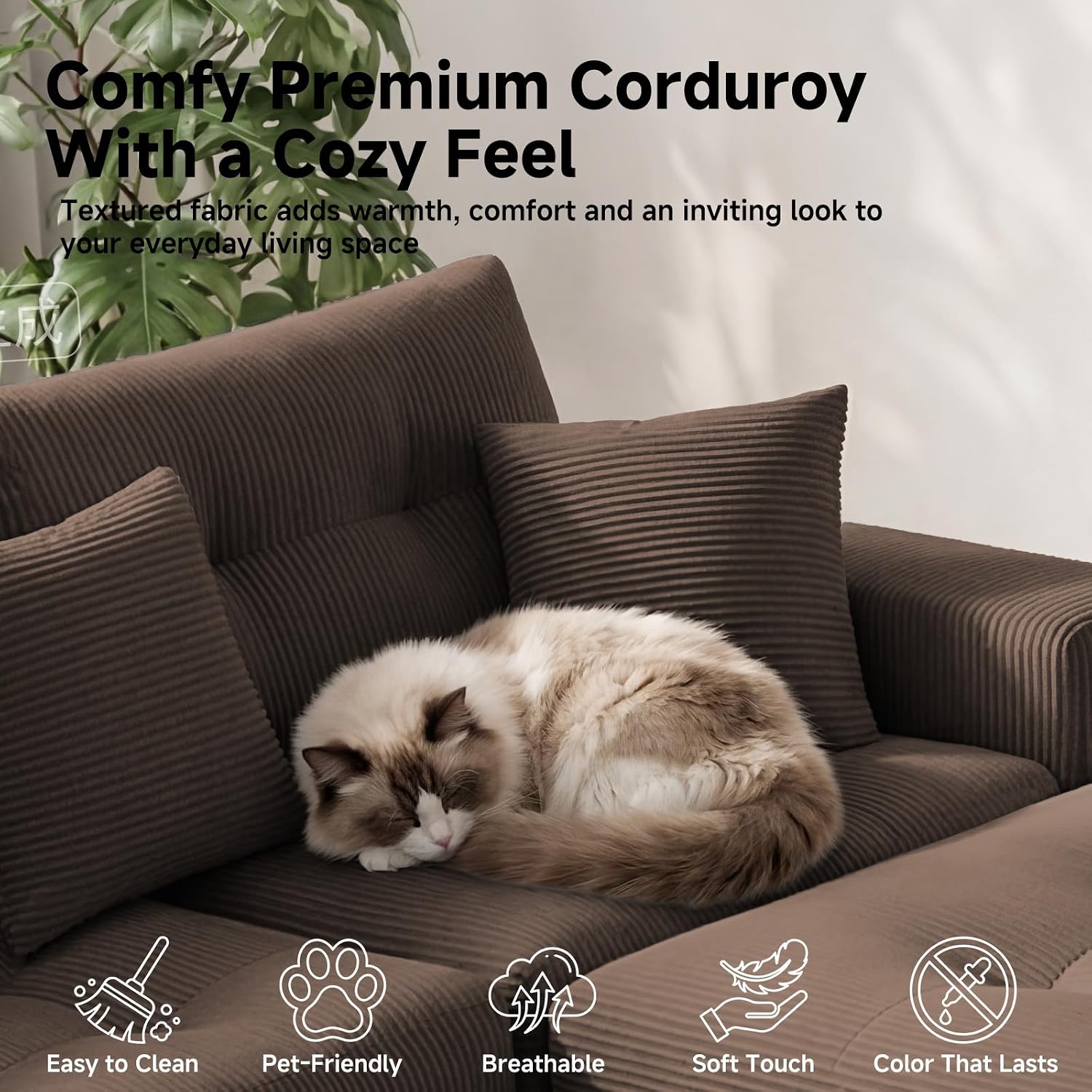 113" L-Shaped Modular Sectional Sofa Chaise Boneless Couch No Assembly | Corduroy Boneless Sectional Couch with Deep Seat, Couches for Living Room, Bedrom, Couch in a Box, Light Gray