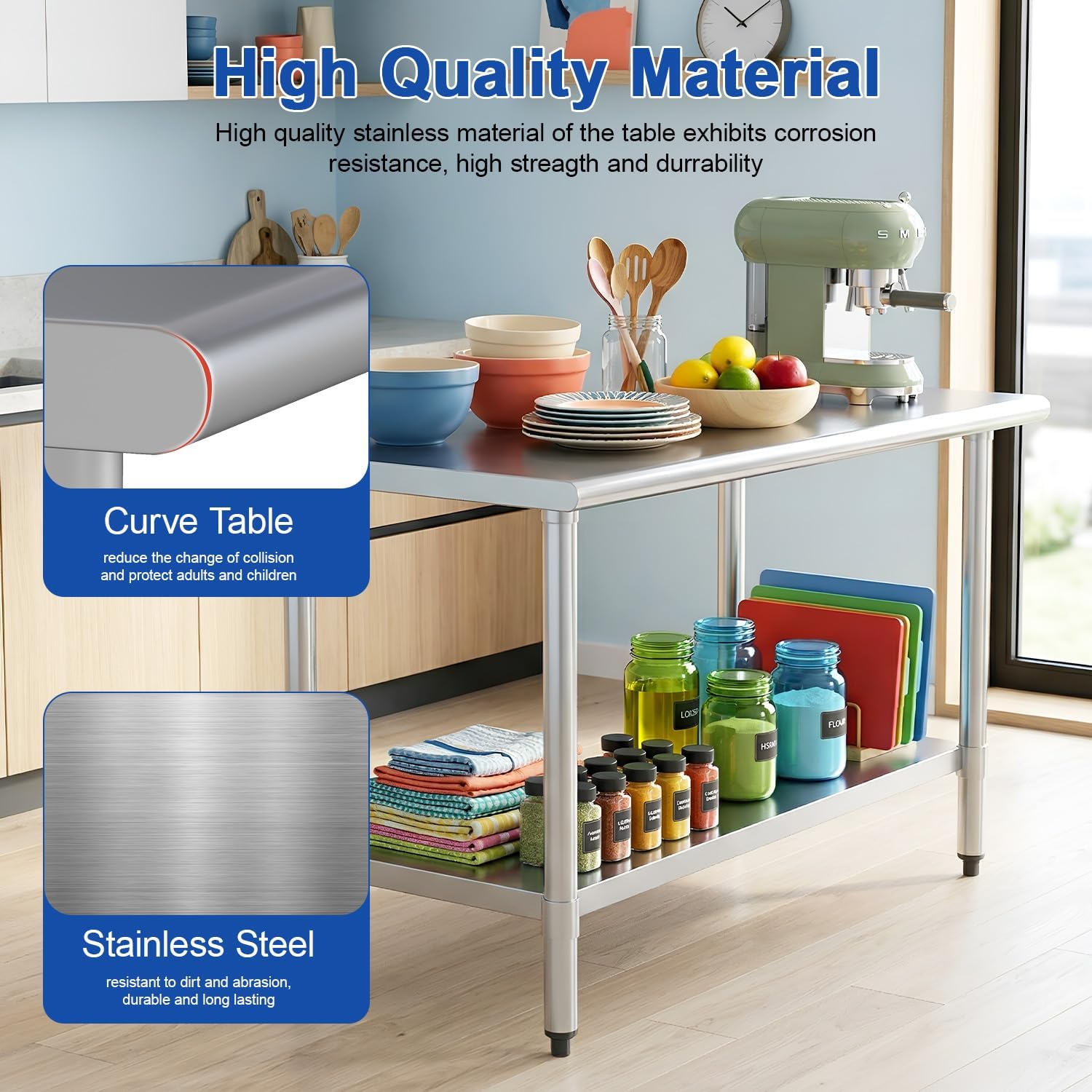 FDW Stainless Steel Work Table 24 x 48 Inches, Heavy Duty Commercial Food Prep Table with Adjustable Under Shelf, Metal Workbench for Restaurant, Kitchen, Garage, Home