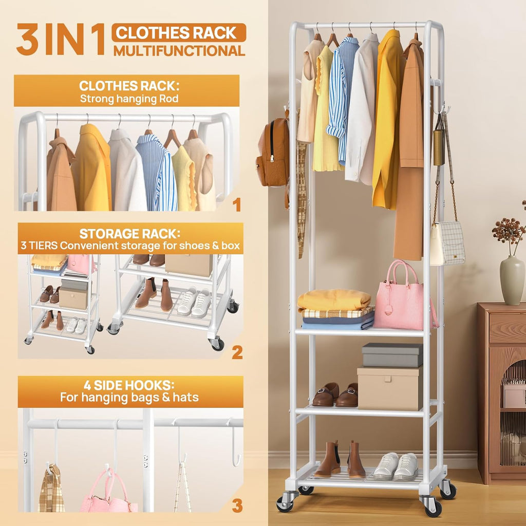 Clothes Rack with Wheels, Freestanding Garment Rack with 3 Metal Shelves for Hanging Clothes, Portable Hanging Rod for Small Room, Bedroom, Bathroom (White)
