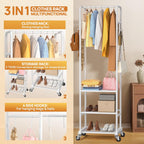 Clothes Rack with Wheels, Freestanding Garment Rack with 3 Metal Shelves for Hanging Clothes, Portable Hanging Rod for Small Room, Bedroom, Bathroom (White)