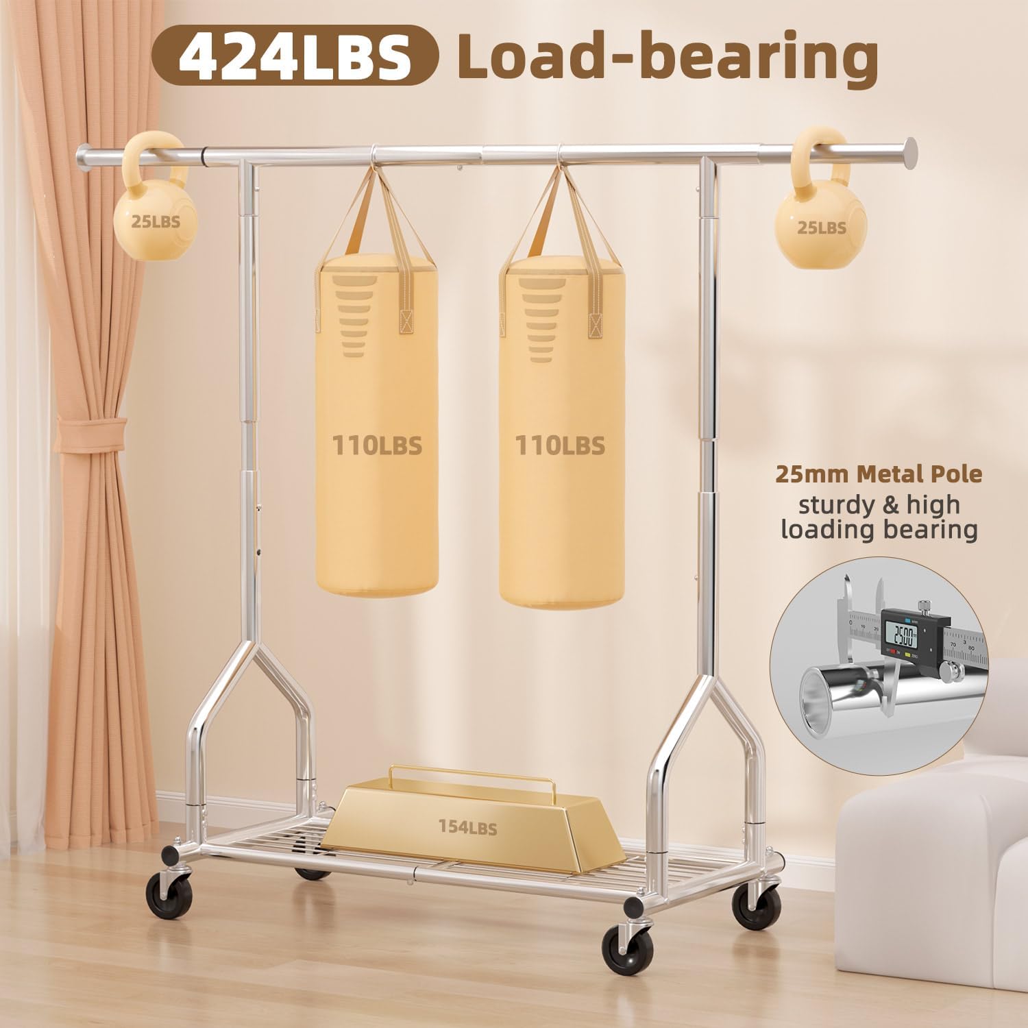 EAGMAK Heavy Duty Clothes Rack Load 424 LBS, Rolling Clothing Rack With Shelves, Adjustable Metal Clothes Hanger with Wheels, Portable Wardrobe Organizer Garment Rod for Hanging Clothes (Silver)