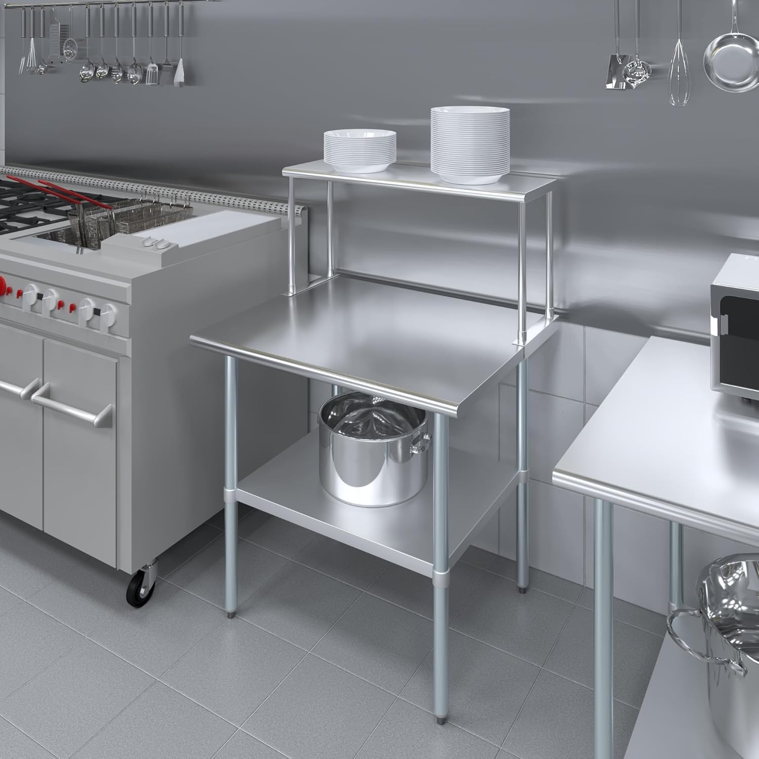 Stainless Steel Work Table with Wide Single Tier Overshelf | Metal Kitchen Prep Table & Shelving Combo (30" x 36" Work Table + 12" Overshelf)