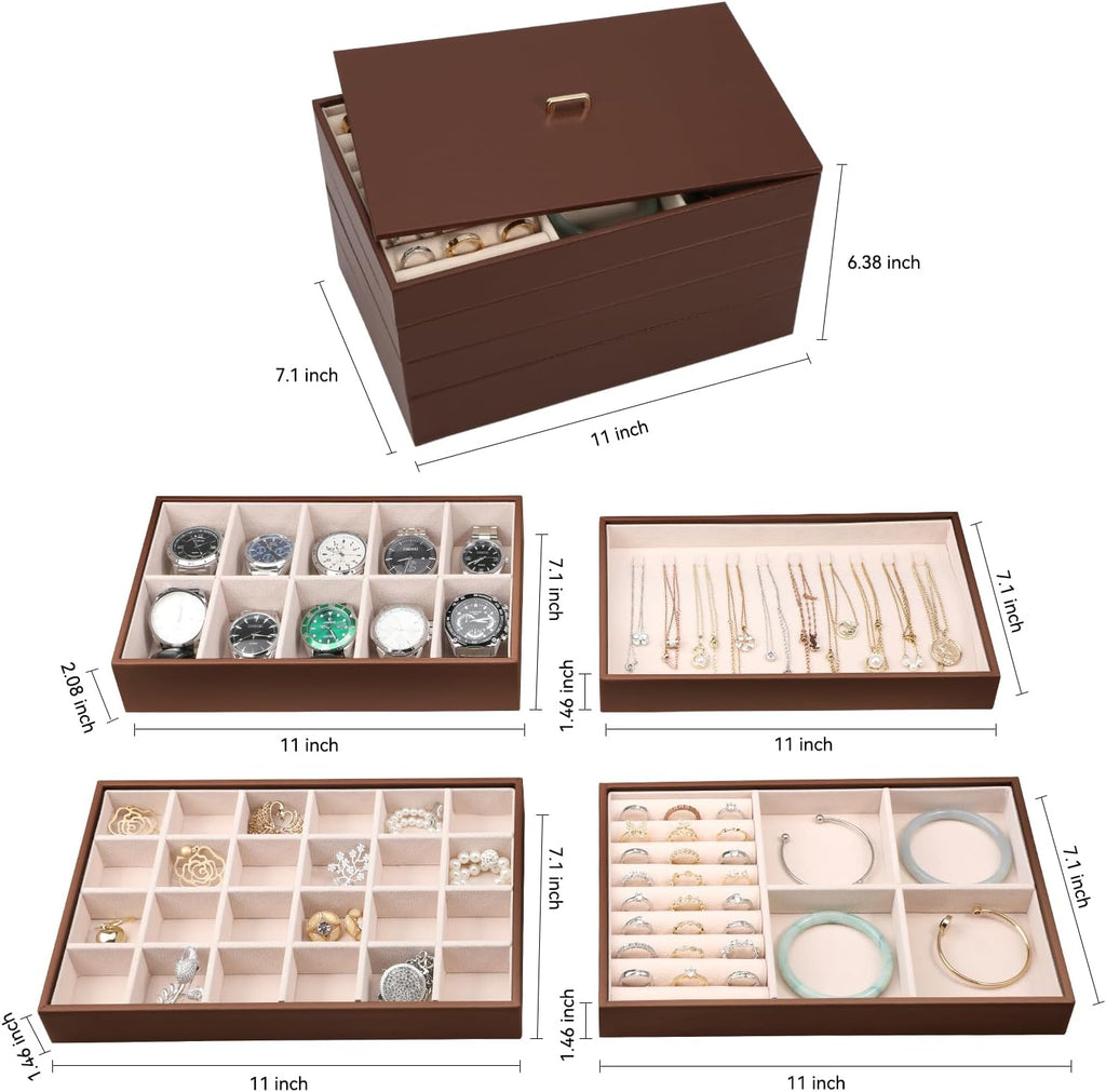 Voova Stackable Jewelry Organizer Tray with Lid, PU Leather Jewelry Storage Holder for Drawer Inserts, Jewellery Display Box Case for Earring Necklace Ring Watch Bracelet (Set of 4, Caramel Brown)