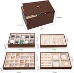 Voova Stackable Jewelry Organizer Tray with Lid, PU Leather Jewelry Storage Holder for Drawer Inserts, Jewellery Display Box Case for Earring Necklace Ring Watch Bracelet (Set of 4, Caramel Brown)