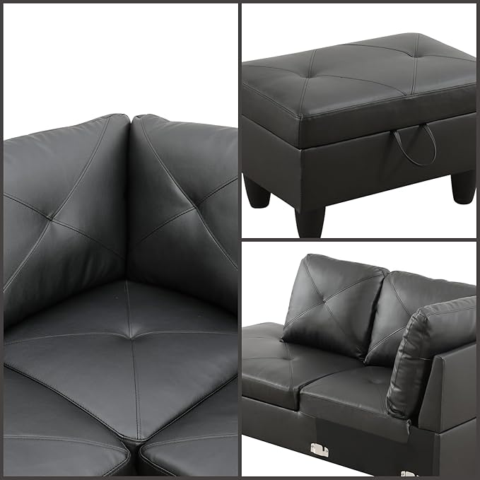 L-Shaped Sectional Sofa with Movable Chaise & Storage Ottoman, Leather 3-Piece Modular Convertible Couches for Living Room, Black
