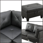 L-Shaped Sectional Sofa with Movable Chaise & Storage Ottoman, Leather 3-Piece Modular Convertible Couches for Living Room, Black