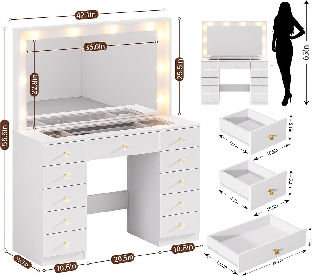 DINGIPP Vanity with Large Mirror and 10 LED Lights, Vanity Desk with Glasstop...