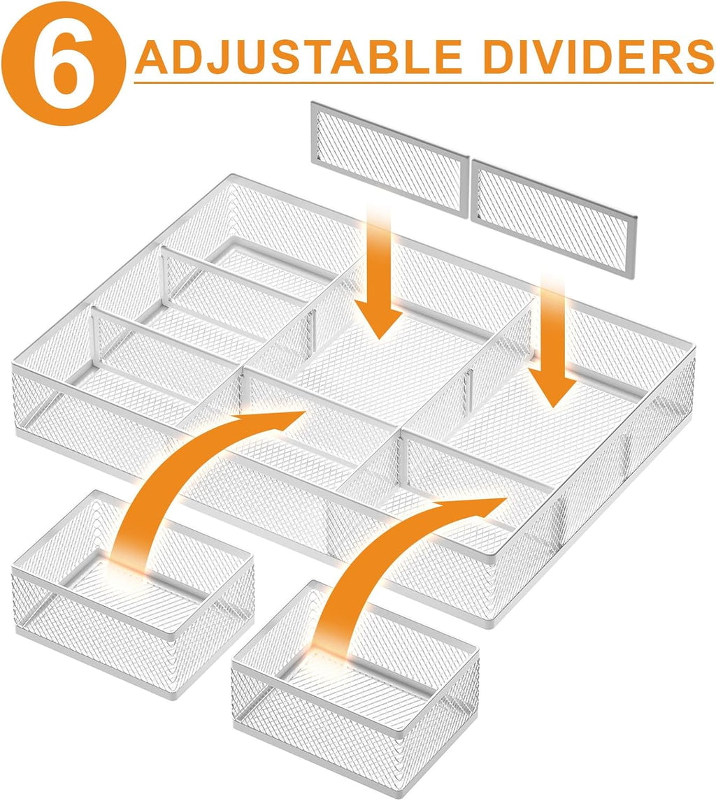 Marbrasse 3 Packs White Desk Drawer Organizers,Drawer Organizer Tray with 9 Adjustable Compartments,Junk Drawer for Makeup & Vanity, Office Desk Supplies and Accessories（White）