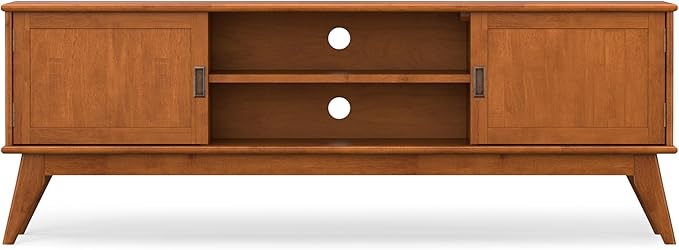 SIMPLIHOME Draper TV Stand - 72 inch Wide Solid Wood Media Console in Teak Brown, Mid Century Modern Entertainment Center for Living Room for TVs up to 80 Inches with Cabinets and Cable Management