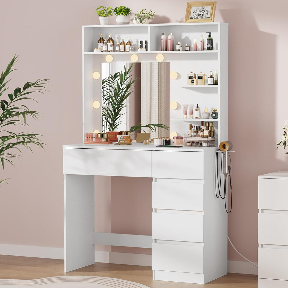 Vanity Desk with Mirror, LED Lights and Power Outlet, Makeup Vanity Table wit...