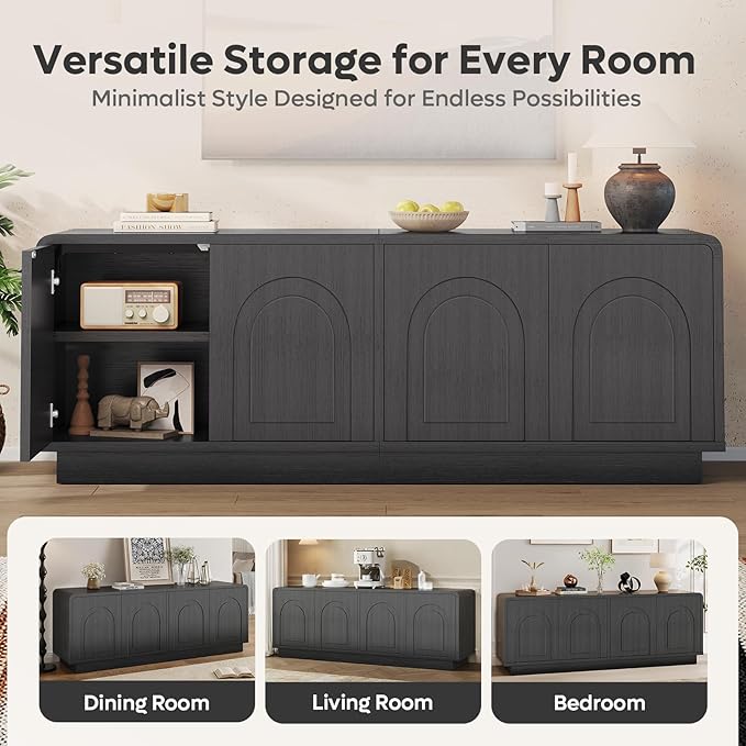 Bestier 63" Mid Century Modern TV Stand for Living Room, Wood Media Console Cabinet for TVs up to 70", Entertainment Center with 4 Arched Doors, Hidden Storage & Adjustable Shelves, Black