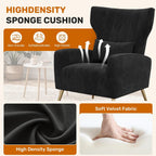Luxanimarion Velvet Accent Chair Wingback for Living Room, High Back Arm Chair with Golden Legs Lumbar Pillow, Upholstered Single Sofa Bedroom Black