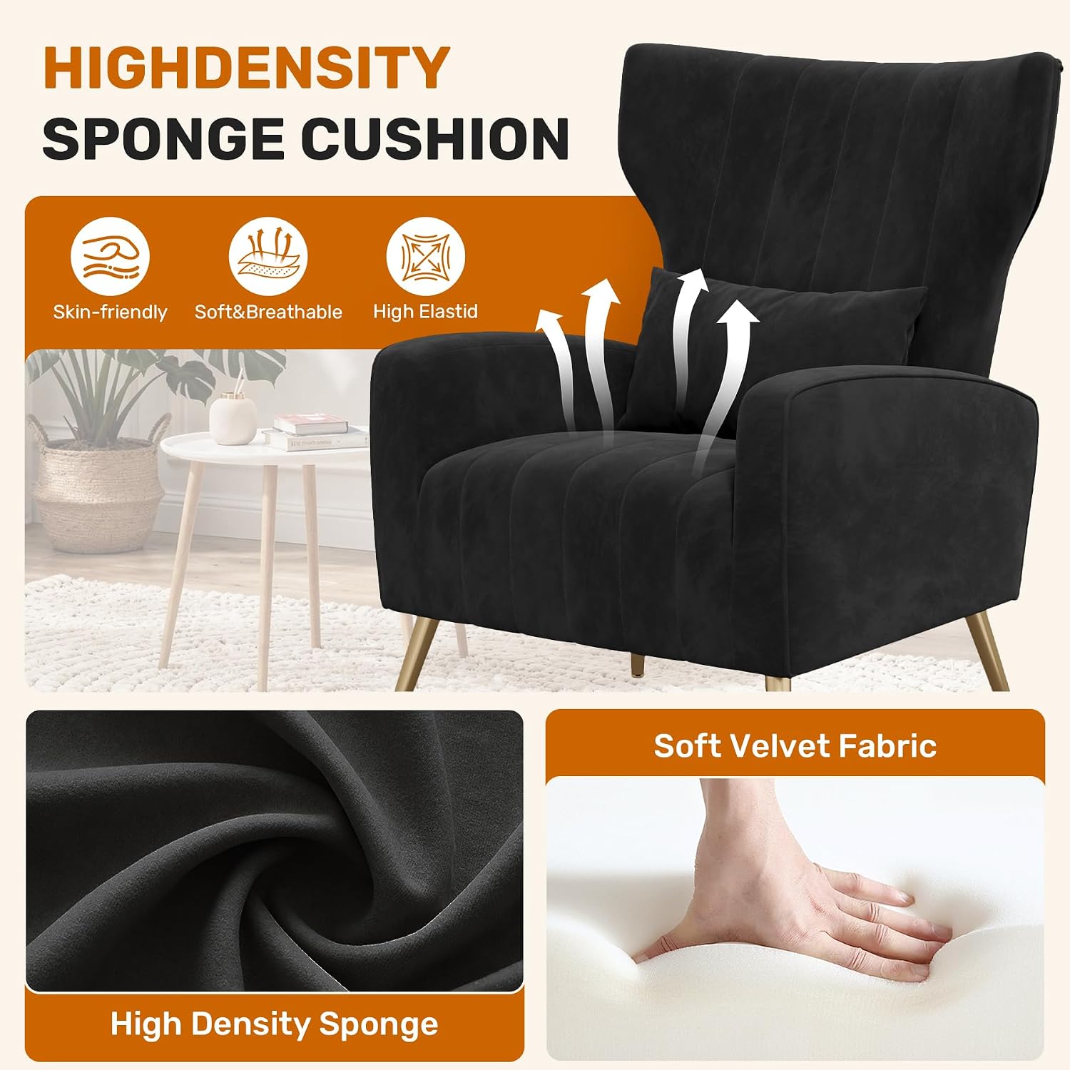 Luxanimarion Velvet Accent Chair Wingback for Living Room, High Back Arm Chair with Golden Legs Lumbar Pillow, Upholstered Single Sofa Bedroom Black