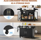 NUUK Outdoor Grill Cart with Storage Cabinet Metal Kitchen Island Prep Table with Movable Universal Wheels and Stainless Steel Top for Outside BBQ Backyard Include Hooks Spice Rack