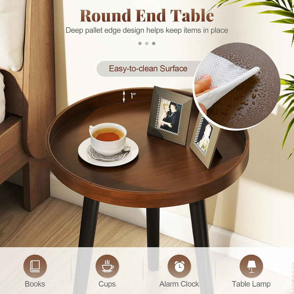 Giantex Round End Table, Mid Century Modern Side Table with Wooden Tray &...
