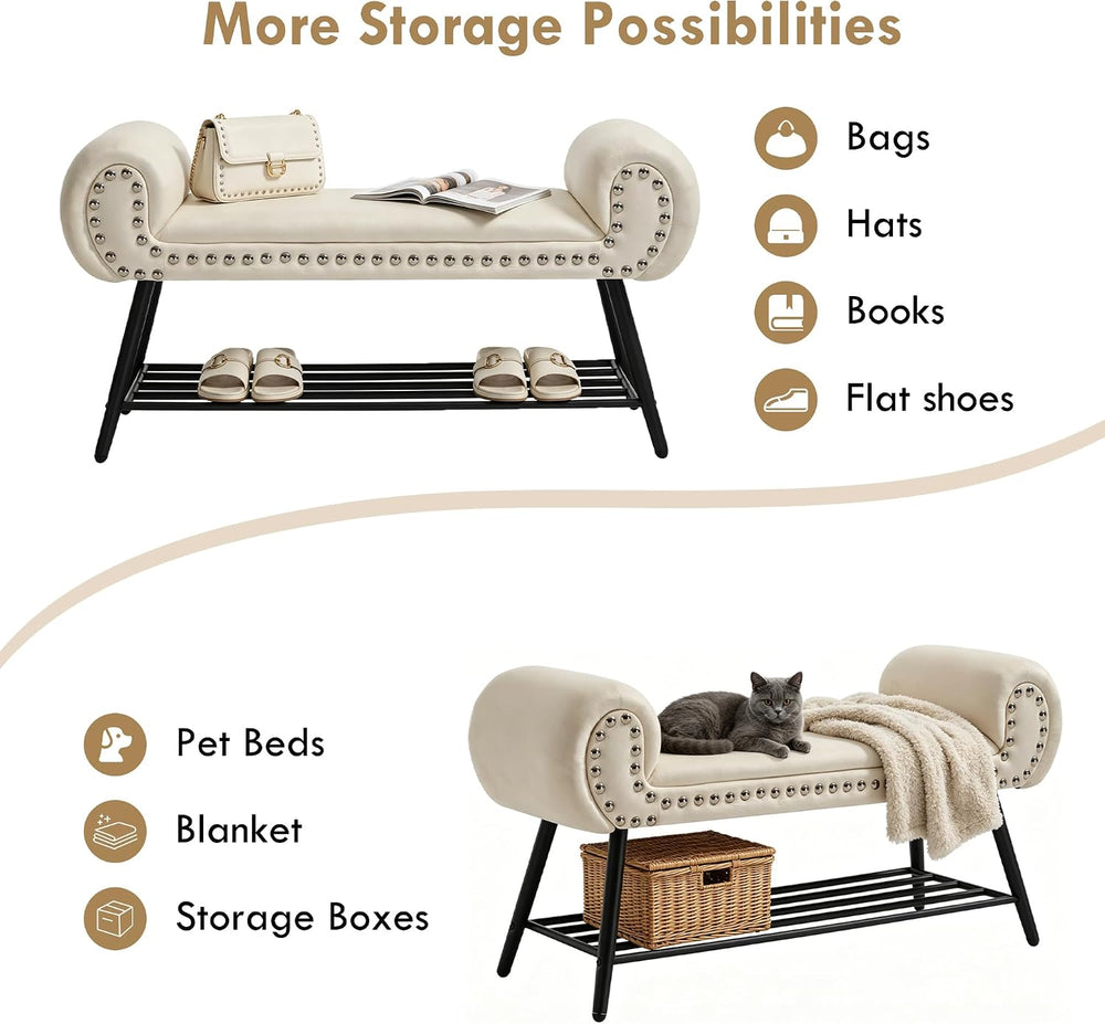 End of Bed Bench with Shoe Shelf, 45" Modern Velvet Upholstered Bedroom ...