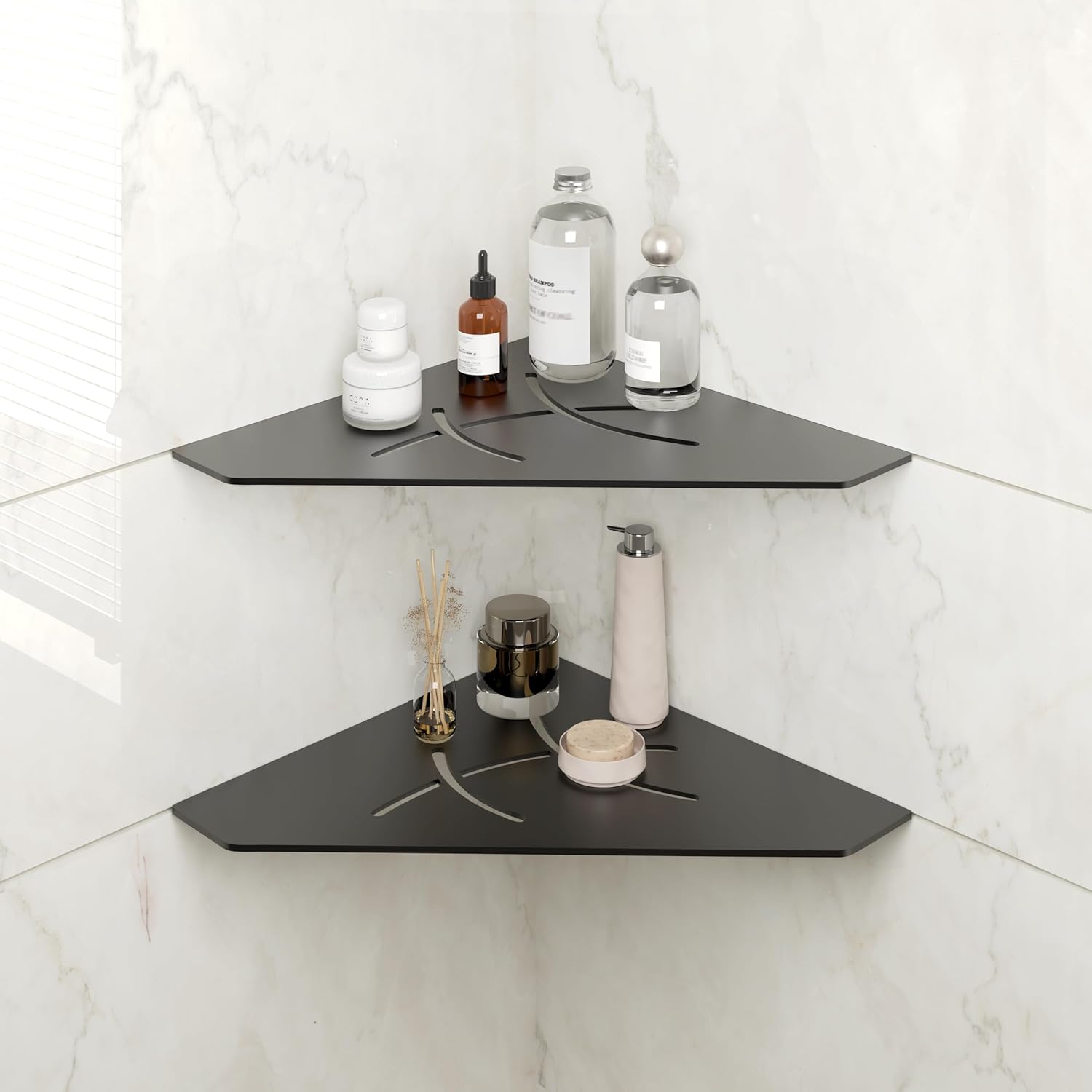 FerdY 2-Pack 10" Matte Black Recessed Corner Shower Shelf, for Tiled Bathroom Walls, Floating Shower Shelf, 304 Stainless Steel Shower Caddy Storage Shelves, No Drilling Required, Irregular Diamond