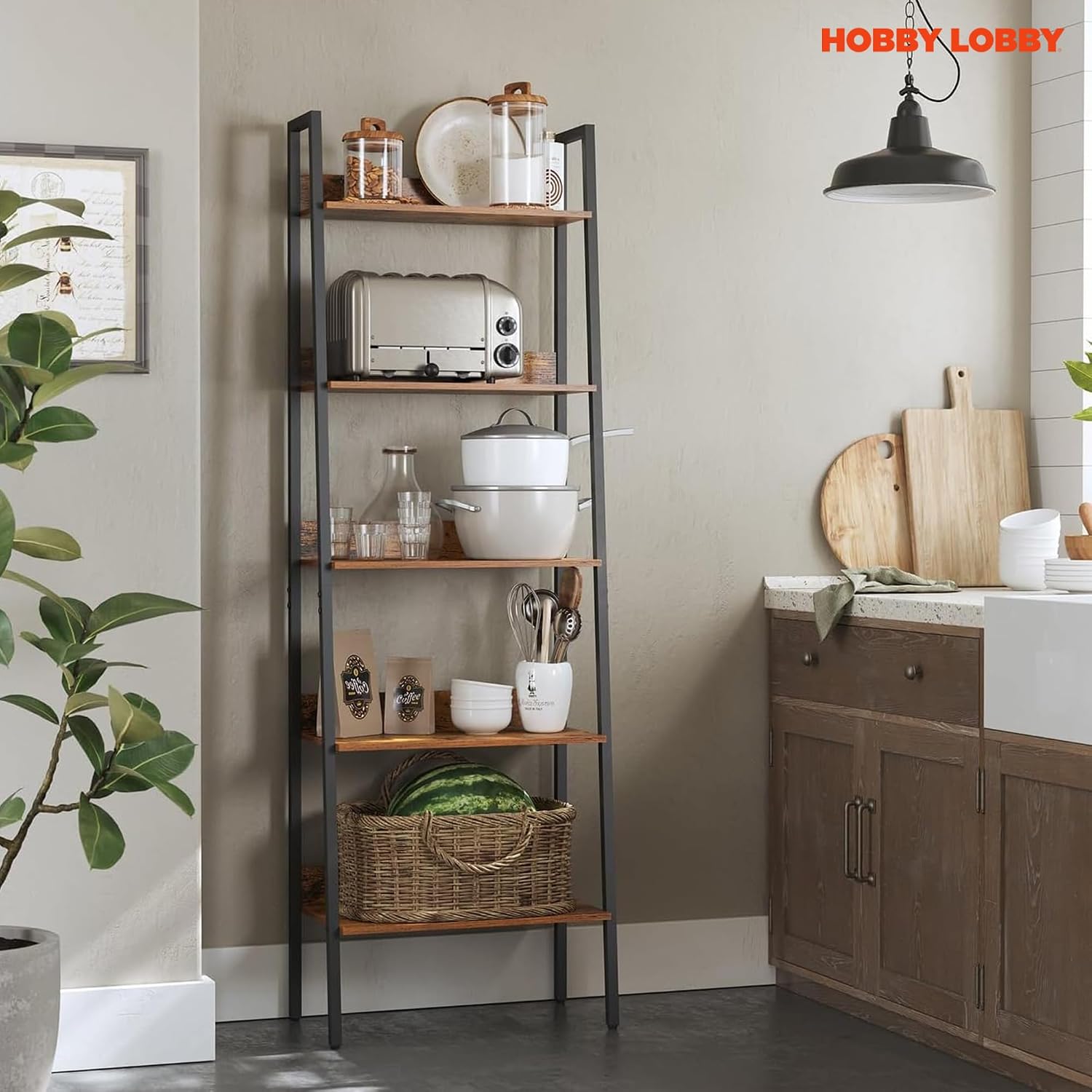 Hobby Lobby 5 Tier Industrial Ladder Shelf, 23.6 x 11.8 x 66.9 inches | Wood Ladder Shelf, Storage Ladder Shelves for Living Room, Bedroom