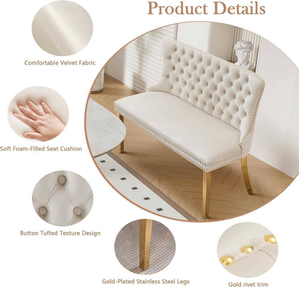 Velvet Double Upholstered Dining Bench with Wing Back, Small Loveseat Sofa Co...