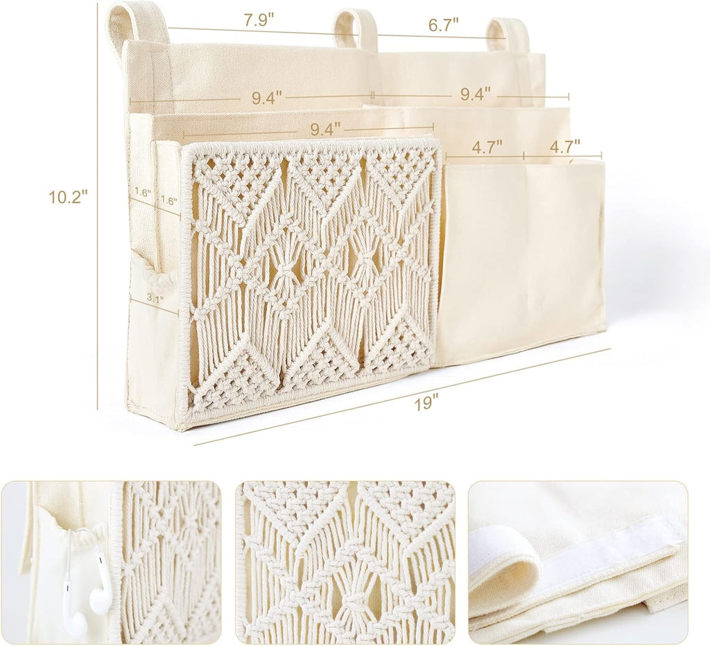 Mkono Bedside Caddy Hanging Organizer, Bunk Woven 7 Pockets Bed Storage Bag Boho Remote Magazine Books Holder with Macrame for Loft Bed College Dorm Bedroom Baby Bed Rails, Ivory