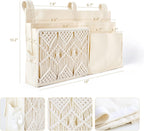 Mkono Bedside Caddy Hanging Organizer, Bunk Woven 7 Pockets Bed Storage Bag Boho Remote Magazine Books Holder with Macrame for Loft Bed College Dorm Bedroom Baby Bed Rails, Ivory