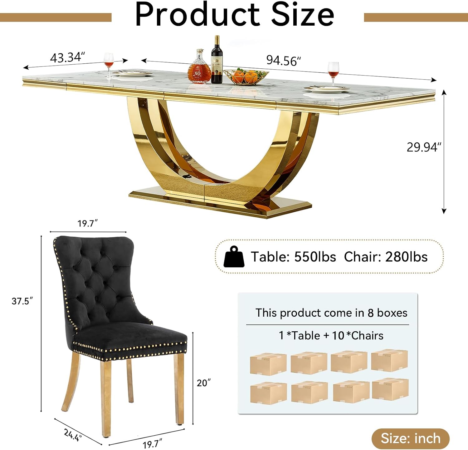 94.5" Large Marble Dining Table Set for 10, Luxury White Gold Kitchen Table with 10 Black Velvet Dining Chairs, Modern Fuax Marble 11-Piece Dining Room Table Set for 10 w/Stainless Steel U-Base